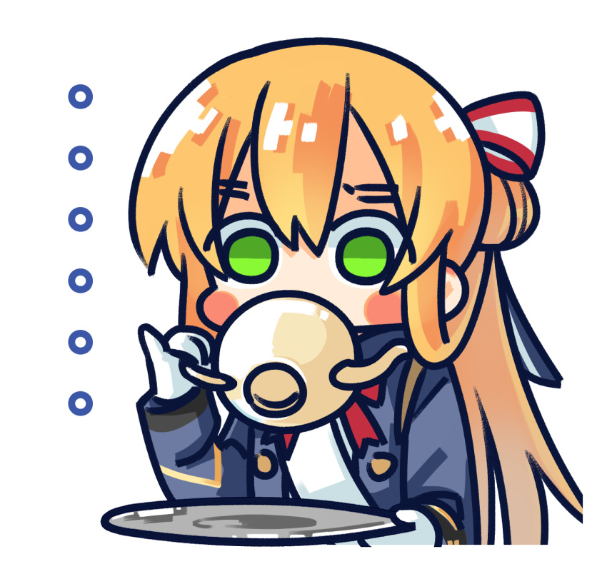 ... 1girl blue_jacket blush_stickers chibi chinese_commentary commentary_request cup expressionless girls_frontline gloves green_eyes hair_between_eyes hair_ribbon hair_rings highres holding holding_cup holding_saucer jacket long_hair long_sleeves looking_at_viewer neck_ribbon official_art orange_hair pinky_out ponytail red_ribbon ribbon saucer shaded_face shirt simple_background solo springfield_(girls'_frontline) striped striped_ribbon su_xiao_jei teacup upper_body white_background white_gloves white_ribbon white_shirt