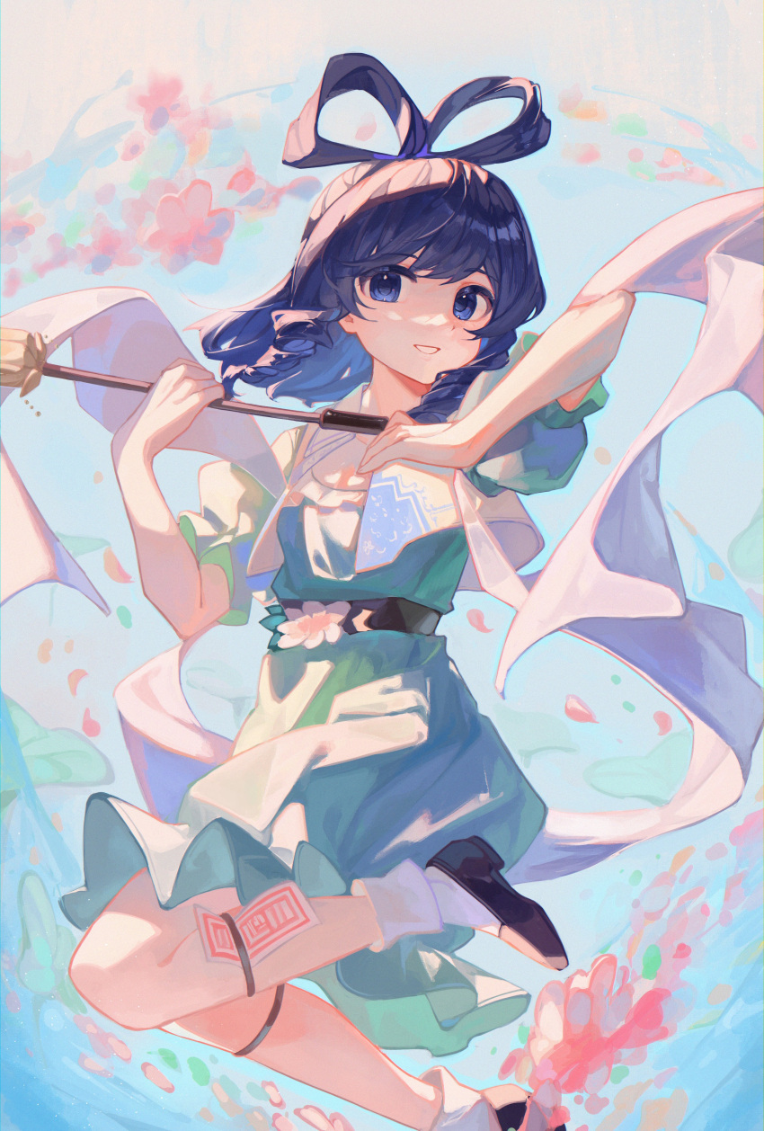 1girl absurdres aqua_dress black_footwear blue_eyes blue_hair cindy717 dress flower hagoromo hair_ornament hair_rings highres holding holding_stick kaku_seiga looking_at_viewer ofuda open_clothes open_mouth open_vest pink_flower shawl shoes short_hair short_sleeves smile socks solo stick touhou vest white_socks white_vest