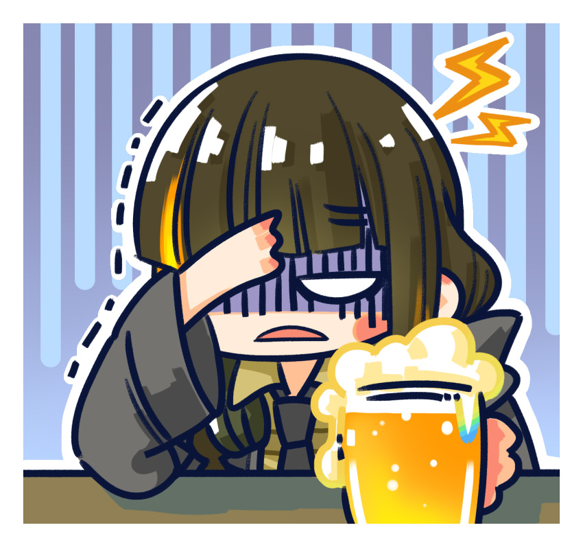 1girl alcohol arms_on_table beer beer_mug black_hair black_jacket black_necktie blank_eyes blonde_hair blue_background blush_stickers chibi chinese_commentary commentary_request cup frown girls_frontline gloom_(expression) hangover headphones headphones_around_neck highres jacket long_hair m16a1_(girls'_frontline) mug multicolored_hair necktie official_art open_mouth shaded_face shirt simple_background solo streaked_hair su_xiao_jei trembling upper_body yellow_shirt