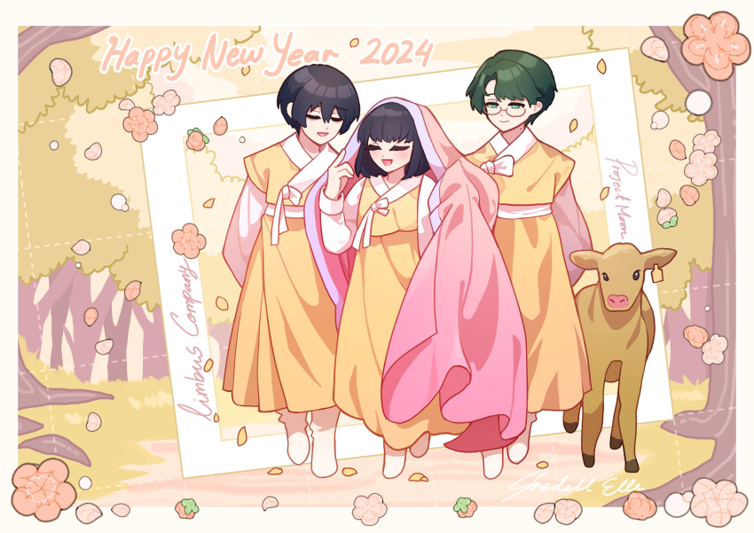 1girl 2024 2boys absurdres artist_name black_hair calf_(animal) closed_eyes commentary cow dongbaek_(project_moon) dongrang_(project_moon) ear_tag english_commentary glasses grass gredell_elle green_eyes green_hair happy_new_year highres korean_clothes limbus_company multiple_boys petals photo_(object) project_moon short_hair tree yi_sang_(project_moon)