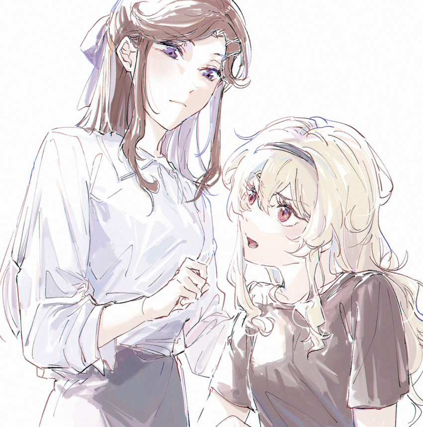 2girls arm_at_side black_hairband black_pants black_shirt blonde_hair bow brown_hair closed_mouth collared_shirt fang hair_bow hairband half_updo hand_on_another's_back hands_up highres long_hair long_sleeves looking_at_another looking_down looking_up lower_teeth_only multiple_girls nansui_(nansui_2023) open_mouth pants parted_bangs purple_bow raised_eyebrow red_eyes saijou_claudine shirt shirt_tucked_in short_sleeves shoujo_kageki_revue_starlight sidelocks simple_background sleeves_pushed_up standing teeth tendou_maya upper_body violet_eyes wavy_hair white_background white_shirt