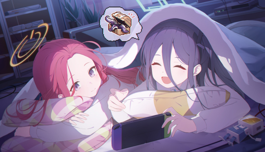 2girls absurdly_long_hair absurdres aris_(blue_archive) black_hair blue_archive closed_eyes closed_mouth green_halo halo highres indoors long_hair long_sleeves lying multiple_girls nintendo_switch on_stomach open_mouth orange_halo redhead smile soeyumi very_long_hair violet_eyes yuzu_(blue_archive)
