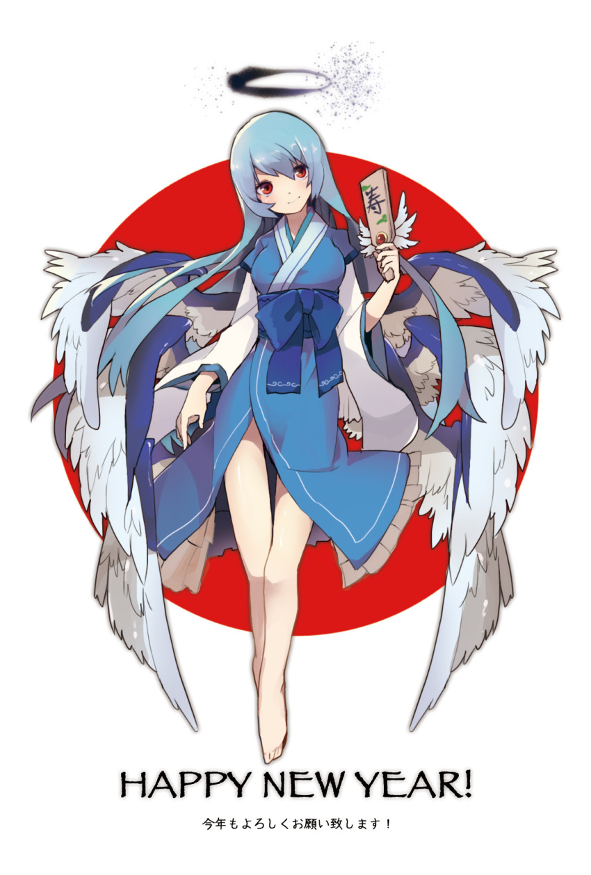 1girl bare_legs barefoot black_halo blue_hair blue_kimono breasts closed_mouth feathered_wings halo happy_new_year highres japanese_clothes kimono large_breasts long_hair long_sleeves looking_at_viewer multiple_wings razuzyamu red_eyes sariel_(touhou) simple_background smile thigh_gap thighs touhou touhou_(pc-98) translated white_background wings