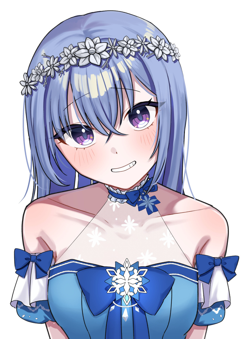 1girl absurdres bare_shoulders blue_bow blue_hair blush bow bow_choker breasts choker commentary_request crossed_bangs detached_sleeves double-parted_bangs dress dress_bow eyelashes flower_wreath frilled_choker frills furuima grin halterneck head_tilt head_wreath highres idolmaster idolmaster_shiny_colors long_hair looking_at_viewer parted_lips see-through simple_background sleeveless small_breasts smile snowflake_ornament suzuki_hana upper_body violet_eyes white_background