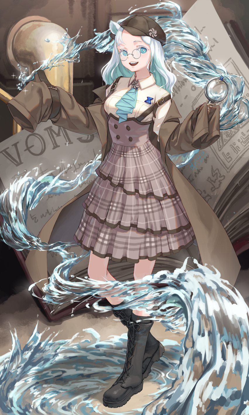 1girl :d absurdres alternate_costume ascot belt belt_buckle bespectacled black_footwear black_gloves blue_ascot blue_eyes blue_hair book boots brown_background brown_belt brown_coat brown_headwear brown_skirt buckle buttons coat flat_cap full_body glasses gloves hands_up haneuzu_miuneru hat highres korean_commentary long_hair looking_at_viewer magic mixed-language_commentary multicolored_hair open_clothes open_coat oversized_clothes oxygenvil plaid plaid_skirt pleated_skirt round_eyewear shirt skirt sleeves_past_fingers sleeves_past_wrists smile solo standing variant_set virtual_youtuber voms water white_hair yellow_shirt