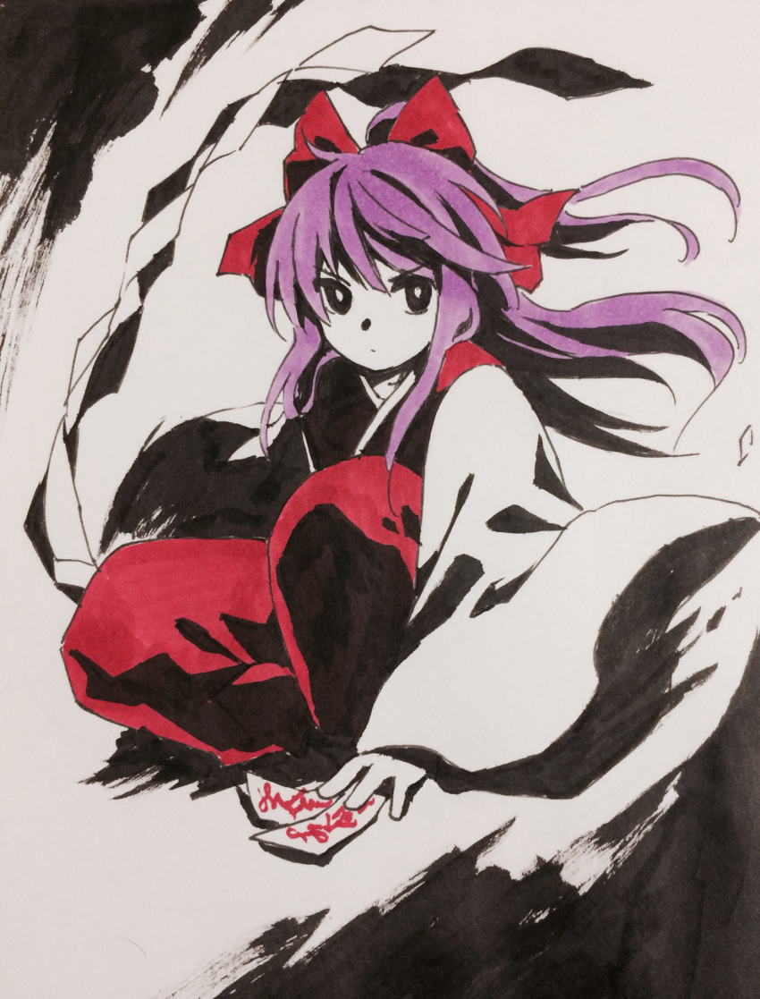 1girl black_eyes bright_pupils closed_mouth colored_skin commentary_request hair_ribbon hakama hakama_pants hakurei_reimu highres japanese_clothes kaigen_1025 kimono long_hair long_sleeves looking_at_viewer marker_(medium) pants purple_hair red_pants red_ribbon ribbon shide solo squatting touhou touhou_(pc-98) traditional_media v-shaped_eyebrows white_pupils white_skin