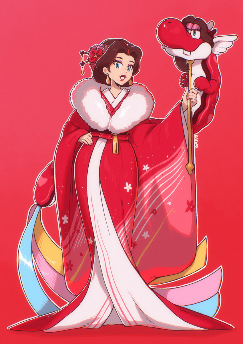 1girl alternate_costume alternate_hairstyle ancient_dragon_(mario) blue_eyes brown_hair dragon earrings eastern_dragon flower full_body fur-trimmed_kimono fur_trim hand_on_own_hip highres japanese_clothes jewelry kimono looking_at_viewer new_year pauline_(mario) print_kimono red_flower red_kimono red_lips saiwo_(saiwoproject) simple_background solo super_mario_bros. updo