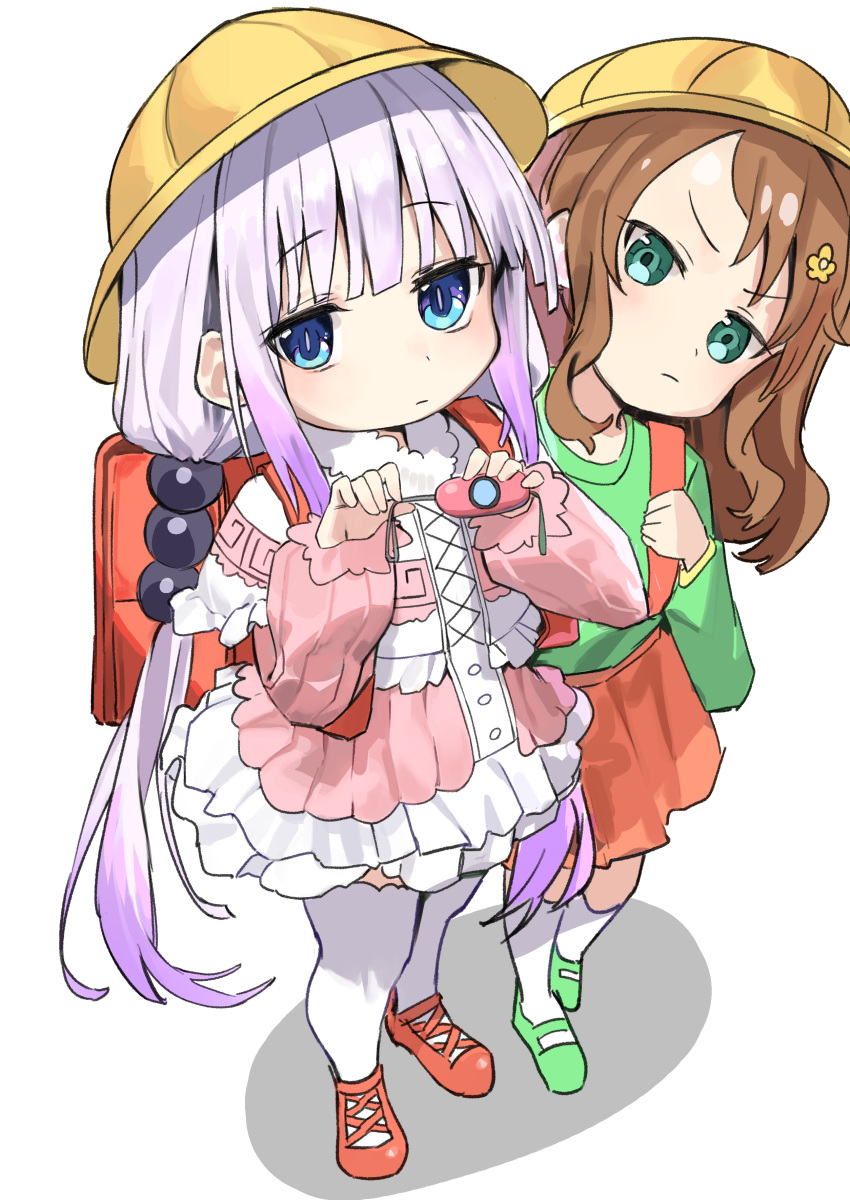 2girls absurdres backpack bag blue_eyes brown_hair buttons child closed_mouth crime_prevention_buzzer dress green_eyes green_footwear green_shirt haruyuki_(gffewuoutgblubh) hat highres kanna_kamui kneehighs kobayashi-san_chi_no_maidragon long_hair long_sleeves multiple_girls pink_dress purple_hair randoseru red_footwear red_skirt saikawa_riko school_hat shirt shoes simple_background skirt socks thigh-highs white_background white_socks white_thighhighs yellow_headwear