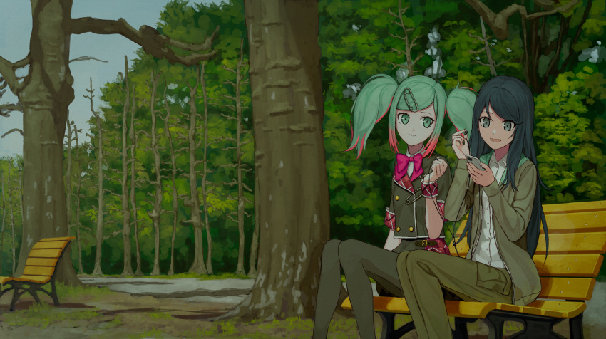 2girls absurdres bench black_hair black_pantyhose black_shirt black_skirt bow bowtie brown_jacket brown_pants buttons cellphone collared_shirt day double-breasted earphones earphones feet_out_of_frame gradient_hair green_hair grey_eyes grey_sky hair_ornament hatsune_miku highres holding holding_phone hood hood_down hooded_jacket hoshino_ichika_(project_sekai) jacket knees_together_feet_apart legs_together leo/need_miku long_hair looking_at_phone multicolored_hair multiple_girls nature open_clothes open_jacket outdoors overcast pants pantyhose park park_bench phone pink_bow pink_bowtie pink_hair plaid plaid_shirt plant pleated_skirt project_sekai safety_pin scenery shirt side-by-side sitting skirt sky smartphone straight_hair swept_bangs tree turu twintails white_shirt wrist_cuffs