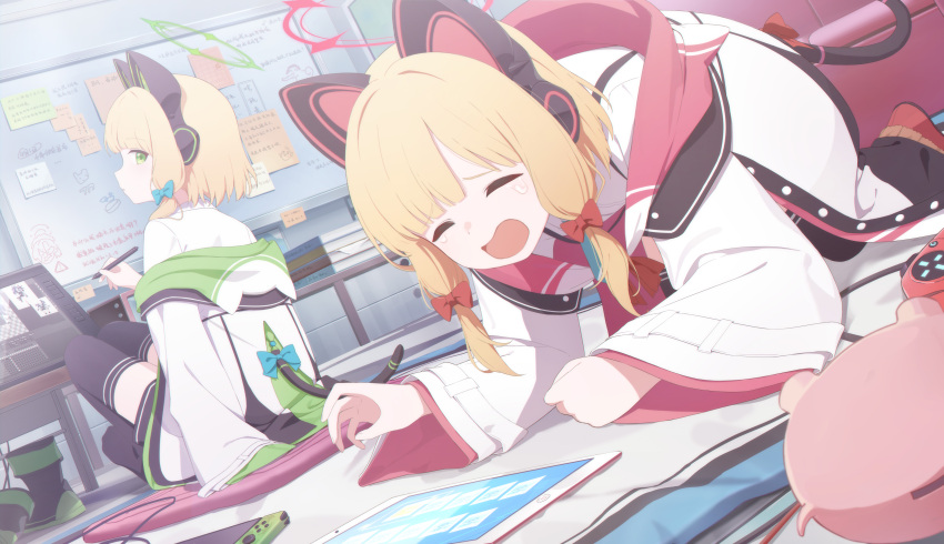 2girls absurdres animal_ear_headphones animal_ears black_thighhighs blonde_hair blue_archive blue_necktie cat_tail closed_eyes fake_animal_ears green_eyes green_halo halo headphones highres holding holding_stylus indoors jacket long_sleeves midori_(blue_archive) momoi_(blue_archive) multiple_girls necktie open_mouth pink_halo shirt short_hair siblings sisters soeyumi stylus tail thigh-highs twins white_jacket white_shirt