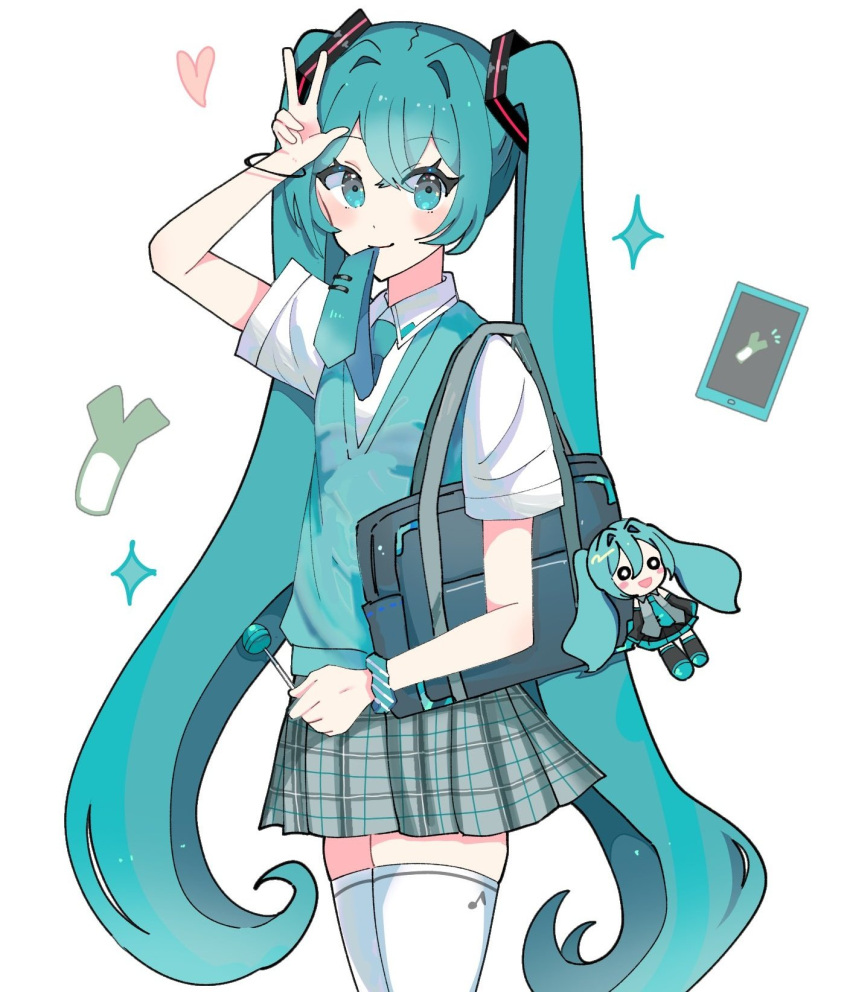 1girl bag blue_eyes blue_hair blue_necktie blue_scrunchie blue_sweater_vest blush bracelet candy cellphone character_doll closed_mouth collared_shirt cowboy_shot crossed_bangs dot_nose flat_chest food from_side grey_skirt hair_between_eyes hair_ornament hand_on_own_head hatsune_miku heart highres holding holding_candy holding_food holding_lollipop jewelry legs_together lollipop long_hair looking_at_viewer minaduki_0318 miniskirt mouth_hold necktie necktie_in_mouth phone plaid plaid_skirt pleated_skirt school_bag scrunchie shirt short_sleeves shoulder_bag sidelocks simple_background skirt smartphone smile solo sparkle spring_onion sweater_vest thigh-highs thighs tie_clip twintails v-neck very_long_hair vocaloid w white_background white_shirt white_thighhighs wrist_scrunchie zettai_ryouiki
