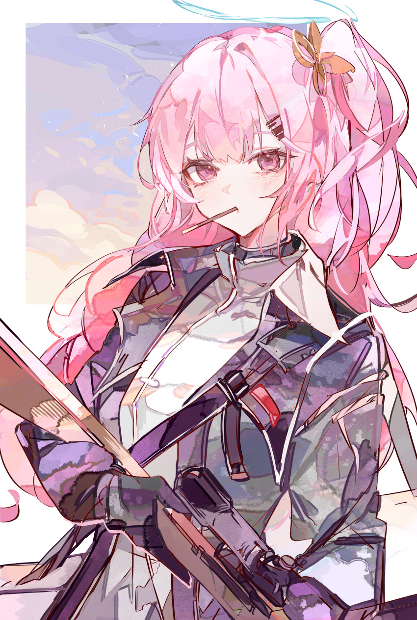 1girl absurdres ambriel_(arknights) arknights black_gloves black_jacket breasts cocoballking commission food gloves gun hair_ornament hairclip halo highres holding holding_gun holding_weapon jacket long_hair long_sleeves mouth_hold one_side_up open_clothes open_jacket pink_hair pixiv_commission pocky shirt solo very_long_hair violet_eyes weapon