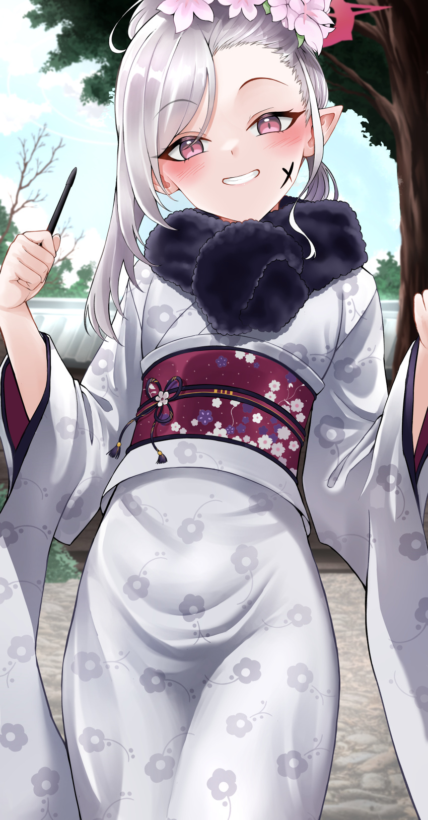 1girl absurdres blue_archive blush flower grey_hair grin hair_flower hair_ornament highres japanese_clothes kimono lds_(dstwins97) long_sleeves looking_at_viewer mutsuki_(blue_archive) mutsuki_(new_year)_(blue_archive) obi official_alternate_costume official_alternate_hairstyle pink_eyes pink_flower pointy_ears sash short_hair smile solo tree white_kimono wide_sleeves