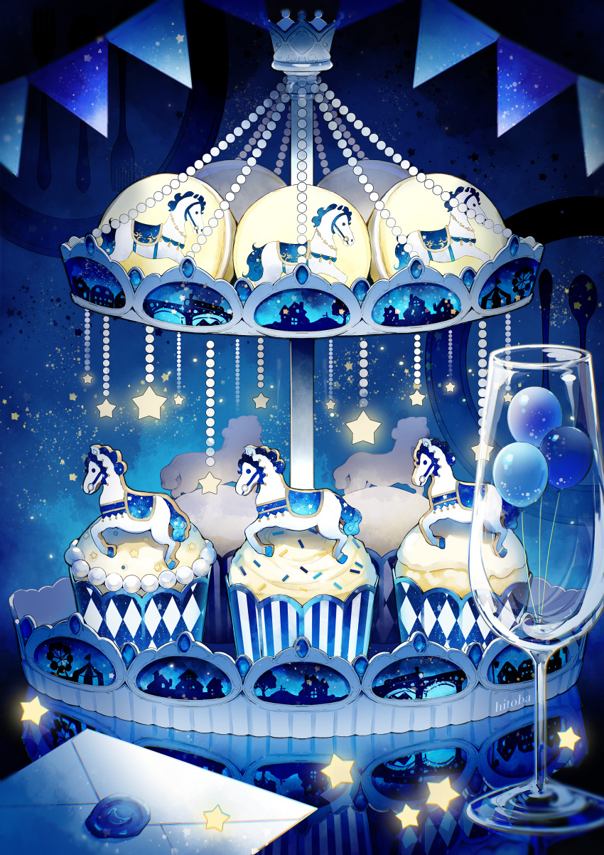 absurdres artist_name balloon blue_theme carousel champagne_flute crown cup cupcake dessert drinking_glass envelope food gem glass highres hitoba horse icing macaron no_humans original pearl_(gemstone) reflection sprinkles star_(symbol) starry_background still_life string_of_flags striped sweets tiered_tray wax_seal
