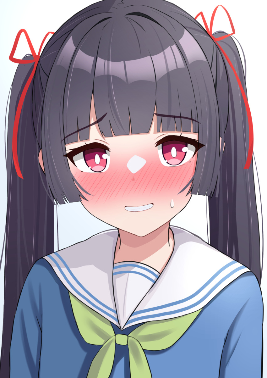 1girl alternate_hairstyle amenocchi black_hair blue_archive blue_shirt blunt_bangs blunt_ends blush bright_pupils commentary_request embarrassed eyelashes full-face_blush green_neckerchief grin hair_ribbon highres long_hair looking_at_viewer miyu_(blue_archive) neckerchief nose_blush red_eyes red_ribbon ribbon sailor_collar school_uniform serafuku shirt smile solo straight_hair sweatdrop twintails upper_body very_long_hair white_pupils white_sailor_collar