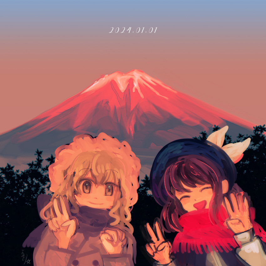 2girls blonde_hair blush bow brown_hair closed_eyes coat dated hands_up hat highres katari long_hair long_sleeves looking_at_viewer maribel_hearn mount_fuji mountain multiple_girls new_year open_mouth scarf scarf_bow short_hair smile sunset touhou usami_renko