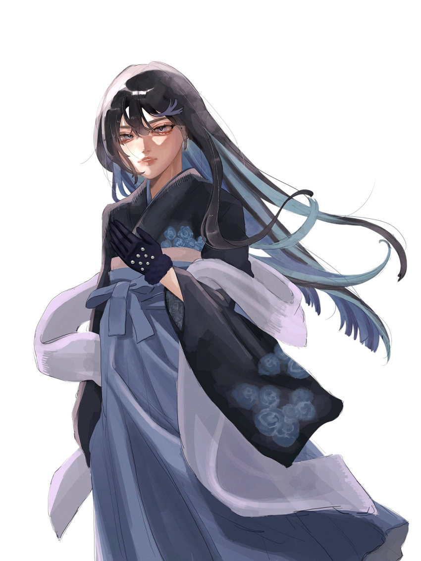 1girl 2024 ado_(utaite) aegyo_sal black_hair blue_eyes blue_flower blue_gloves blue_hair blue_kimono blue_rose chando_(ado) chinese_zodiac cloud_nine_inc colored_inner_hair commentary_request floating_hair flower gloves hair_between_eyes highres japanese_clothes kimono long_sleeves looking_at_viewer mole mole_under_eye multicolored_hair parted_lips protected_link rose sidelocks simple_background solo twitter_username utaite white_background wide_sleeves yurosuke