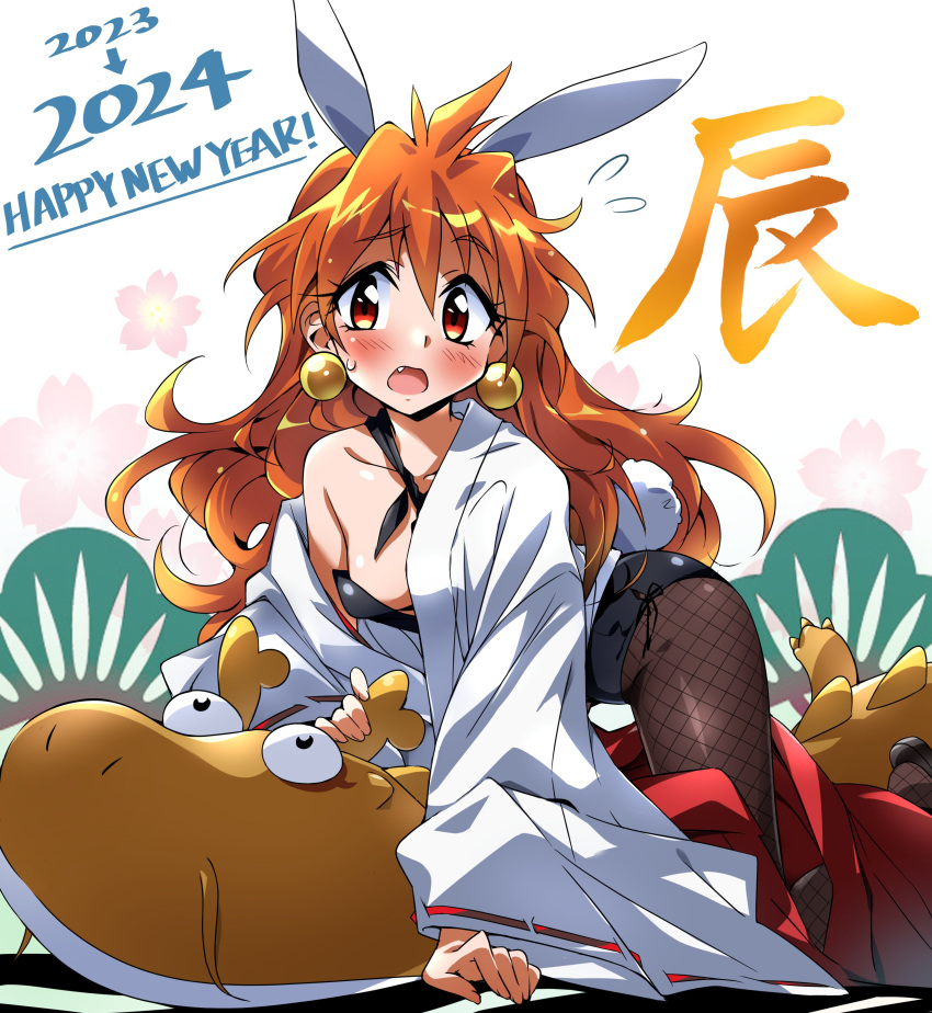 1girl absurdres animal_ears black_leotard bow bowtie earrings fake_animal_ears fang fishnet_pantyhose fishnets highres jewelry leotard lina_inverse long_hair looking_at_viewer orange_hair pantyhose playboy_bunny rabbit_ears rabbit_tail red_eyes slayers solo strapless strapless_leotard tail tokiani