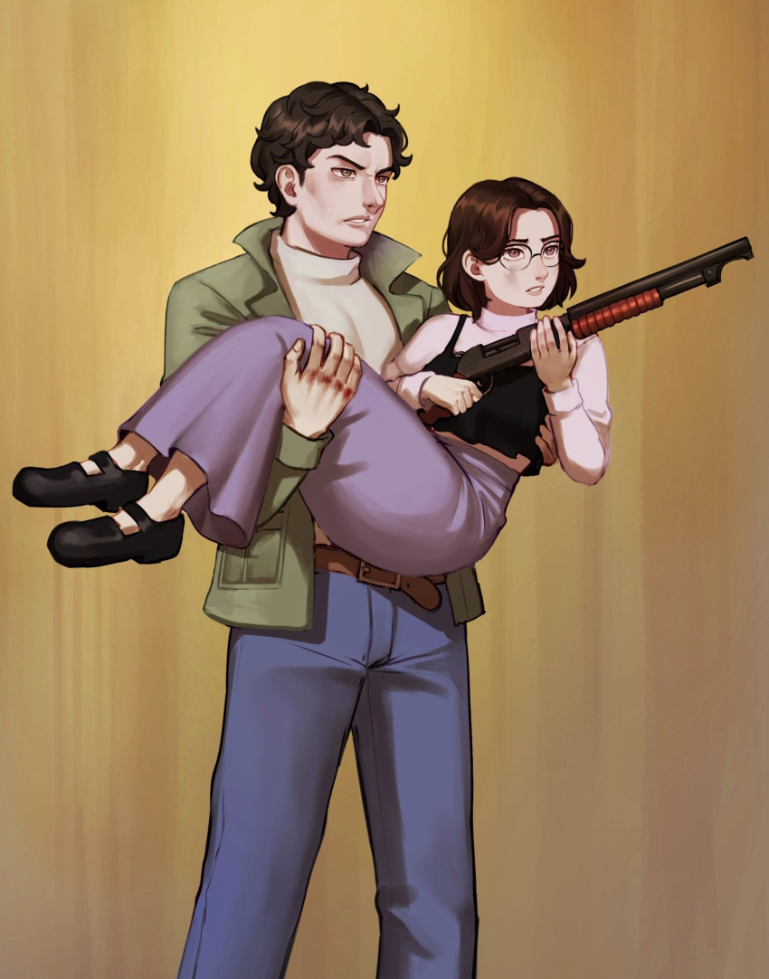 1boy 1girl belt black_footwear black_shirt blue_pants bluepoodlez brown_background brown_eyes brown_hair carrying curly_hair denim dirty dirty_face english_commentary fear_&amp;_hunger fear_&amp;_hunger_2:_termina glasses green_jacket gun highres holding holding_gun holding_weapon jacket long_skirt long_sleeves marcoh_(fear_&amp;_hunger) olivia_(fear_&amp;_hunger) pants parted_lips pink_sweater princess_carry pump_action purple_skirt shirt short_hair shotgun skirt sweater turtleneck turtleneck_sweater v-shaped_eyebrows weapon white_shirt winchester_model_1897