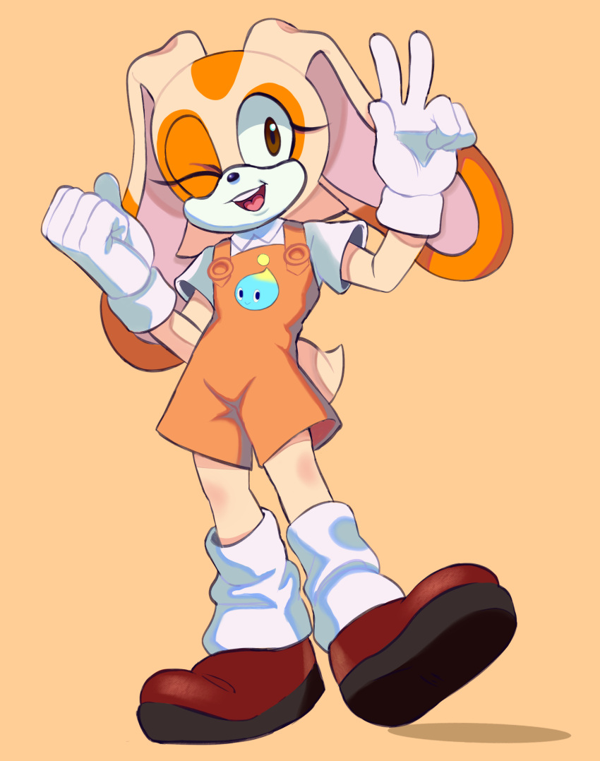 1girl absurdres alternate_costume brown_footwear clenched_hand collared_shirt cream_the_rabbit full_body furry furry_female gloves highres looking_at_viewer one_eye_closed open_mouth orange_background orange_overalls overalls rokkerth shirt shoes short_sleeves simple_background socks solo sonic_(series) teeth upper_teeth_only v white_gloves white_shirt white_socks