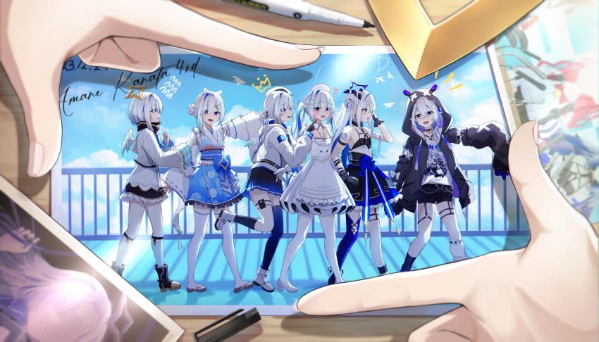 6+girls absurdres amane_kanata amane_kanata_(1st_costume) amane_kanata_(6th_costume) amane_kanata_(another_world) amane_kanata_(new_year) amane_kanata_(nurse) amane_kanata_(work_outfit) angel_wings animal_hood apron arm_strap arm_tattoo asymmetrical_legwear bandaged_arm bandages beret black_collar black_footwear black_gloves black_jacket black_shorts black_skirt black_socks blue_flower blue_hair blue_rose blue_skirt blue_thighhighs blush character_print character_request chest_harness collar colored_inner_hair crossed_bangs detached_collar detached_sleeves drawn_whiskers dress finger_frame flat_chest floral_print flower flying_sweatdrops frilled_apron frilled_skirt frills gloves grey_hair hair_between_eyes hair_bun hair_ornament halo harness hat heart heart_o-ring highres holding_another's_arm hololive hood hooded_jacket id_card index_finger_raised jacket japanese_clothes kimono lanyard layered_skirt leg_up long_hair long_sleeves looking_at_another loose_socks medium_hair mini_wings miniskirt mismatched_legwear multicolored_hair multiple_girls nurse nurse_cap o-ring o-ring_harness o-ring_thigh_strap o-ring_top obi official_alternate_costume official_alternate_hair_length official_alternate_hairstyle open_clothes open_jacket open_mouth outstretched_arm overskirt pantyhose pink_hair pleated_skirt print_kimono print_shirt puffy_long_sleeves puffy_sleeves purple_hair ribbon-trimmed_sleeves ribbon_trim rose sakura_miko sakura_miko_(3rd_costume) sash self_character_print shirt short_shorts shorts sidelocks single_hair_intake single_loose_sock single_side_bun single_thighhigh sira_(user_dswn7488) skirt sleeve_cuffs sleeveless sleeveless_kimono sleeves_past_fingers sleeves_past_wrists socks star_halo streaked_hair tattoo thigh-highs thigh_pouch thigh_strap twintails uneven_legwear violet_eyes virtual_youtuber white_apron white_dress white_footwear white_gloves white_headwear white_jacket white_pantyhose white_shirt white_sleeves white_socks white_thighhighs wide_sleeves wing_collar wings x_hair_ornament