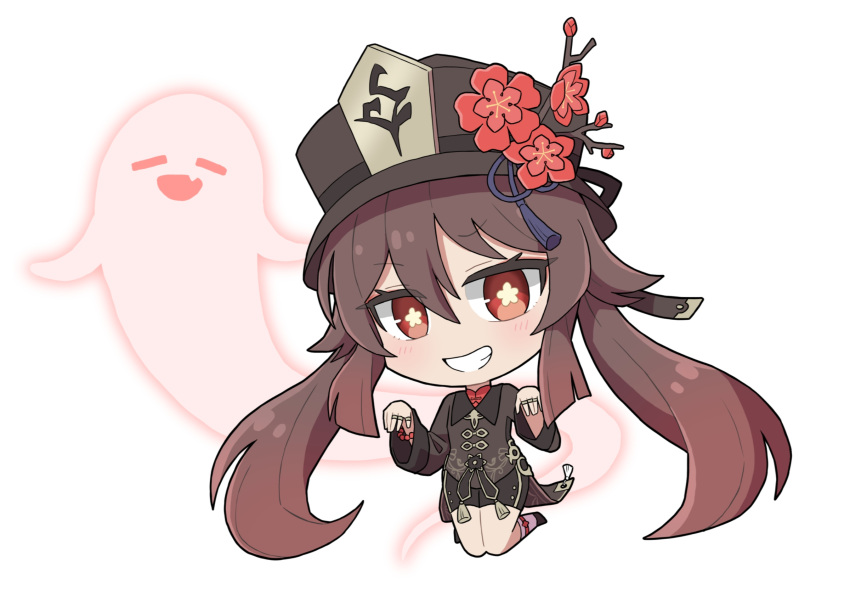 1girl 1other :d black_shorts boo_tao_(genshin_impact) brown_hair chibi chinese_clothes commentary_request flower-shaped_pupils full_body genshin_impact ghost ghost_pose grin hair_between_eyes hat highres hu_tao_(genshin_impact) jewelry kneehighs kneeling long_hair long_sleeves looking_at_viewer porkpie_hat red_eyes ring short_shorts shorts sidelocks simple_background smile socks symbol-shaped_pupils twintails washin white_background white_socks wide_sleeves