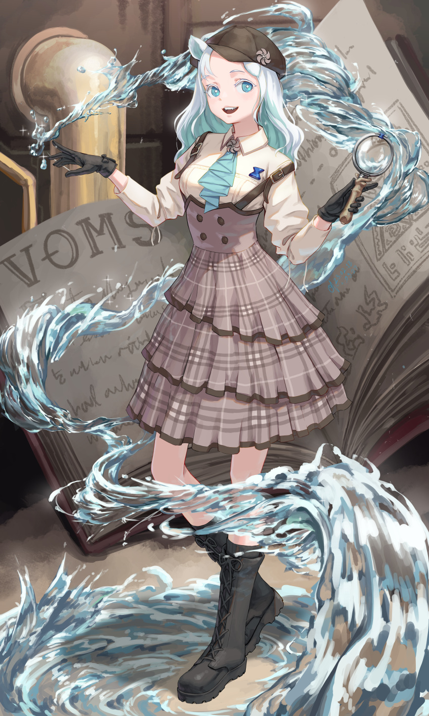 1girl :d absurdres alternate_costume ascot belt belt_buckle black_footwear black_gloves blue_ascot blue_eyes blue_hair book boots brown_background brown_belt brown_headwear brown_skirt buckle buttons flat_cap full_body gloves hands_up haneuzu_miuneru hat highres korean_commentary long_hair looking_at_viewer magic mixed-language_commentary multicolored_hair oxygenvil plaid plaid_skirt pleated_skirt shirt skirt smile solo standing variant_set virtual_youtuber voms water white_hair yellow_shirt