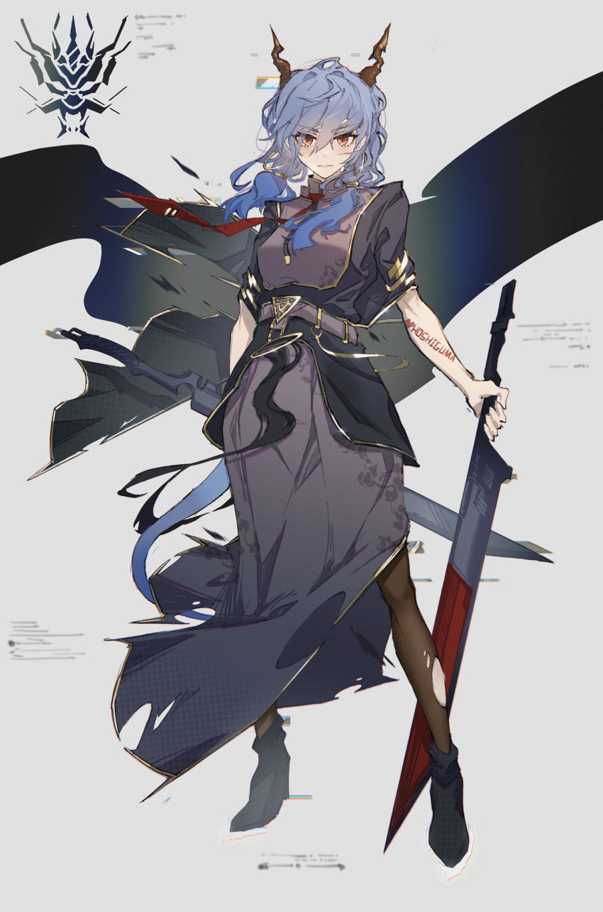1girl absurdres alternate_costume alternate_hairstyle arknights black_coat black_dress black_footwear blue_hair ch'en_(arknights) chi_xiao_(arknights) coat dragon_horns dress dual_wielding earrings english_commentary floating_clothes flp_30 full_body great_lungmen_logo grey_background highres holding holding_sword holding_weapon hoop_earrings horns implied_yuri jewelry long_hair looking_at_viewer low_twintails necktie pantyhose red_eyes red_necktie solo standing sword tattoo torn_clothes torn_pantyhose twintails weapon