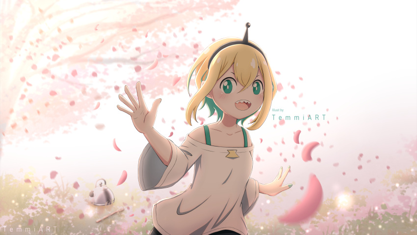 :d amano_pikamee artist_name backlighting black_hairband black_shorts blonde_hair branch bright_pupils cherry_blossoms collarbone colored_inner_hair commentary english_commentary falling_petals green_eyes green_hair green_nails hairband hand_up highres kettle multicolored_hair petals sharp_teeth shirt short_hair short_sleeves shorts smile spatula teeth temmiart tomoe_(amano_pikamee) tree upper_body upper_teeth_only virtual_youtuber voms waving white_background white_pupils white_shirt wide_sleeves