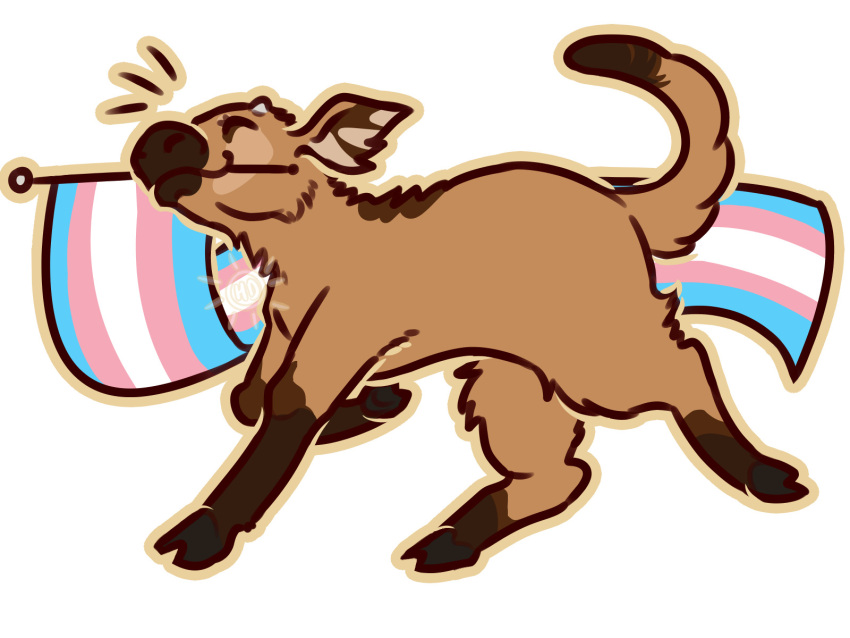 african_forest_buffalo animal animal_focus bat-connoisseur border brown_border brown_outline buffalo closed_eyes commentary cow english_commentary flag full_body highres mouth_hold no_humans notice_lines original simple_background transgender_flag watermark white_background