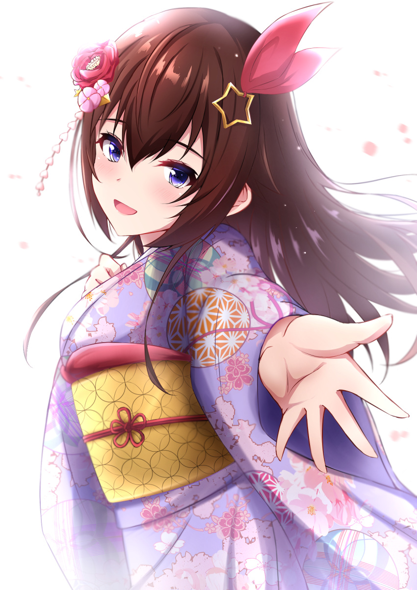 1girl blue_eyes brown_hair floral_print floral_print_kimono flower hair_flower hair_ornament highres hololive japanese_clothes kimono long_hair looking_at_viewer moezi official_alternate_costume open_mouth outstretched_hand pink_kimono smile solo star_(symbol) star_hair_ornament tokino_sora tokino_sora_(new_year) virtual_youtuber white_background