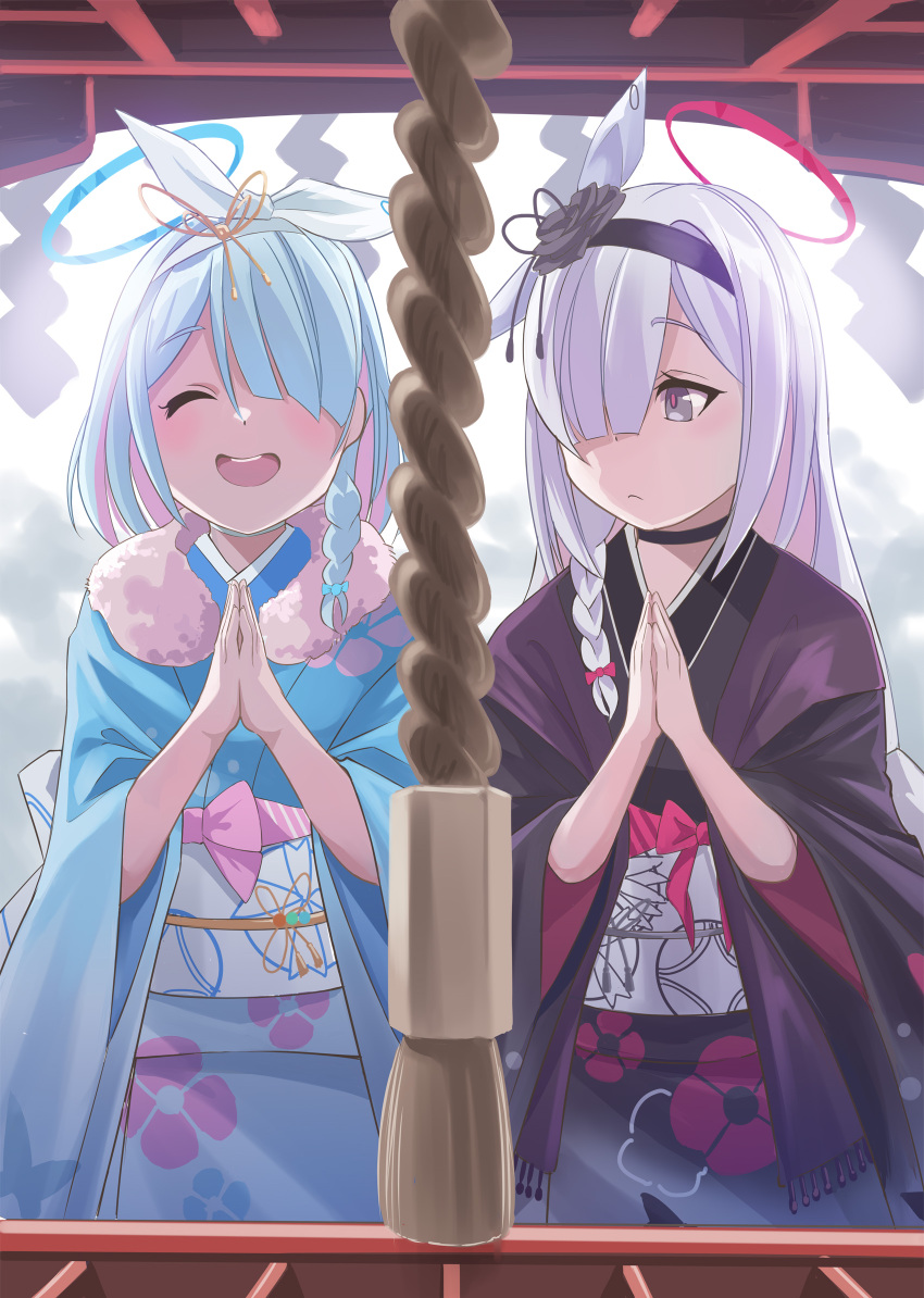 2girls arona_(blue_archive) bad_anatomy bad_face black_choker black_kimono blue_archive blue_hair blue_kimono choker closed_eyes closed_mouth colored_inner_hair hair_over_one_eye highres japanese_clothes kimono long_hair long_sleeves multicolored_hair multiple_girls nikulas_cage obi open_mouth pink_eyes plana_(blue_archive) rope sash shimenawa short_hair smile white_choker white_hair wide_sleeves