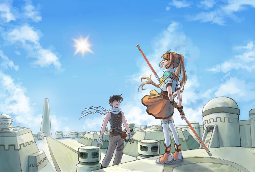 1boy 1girl bandaged_arm bandaged_hand bandages belt_pouch black_hair blue_sky brown_gloves brown_hair building clothes_lift clouds eiyuu_densetsu english_commentary estelle_bright fanny_pack fingerless_gloves floating_hair floop249 full_body gloves highres holding holding_staff holding_weapon joshua_bright outdoors pouch scarf shoes skirt skirt_lift sky sneakers sora_no_kiseki staff sun twintails weapon