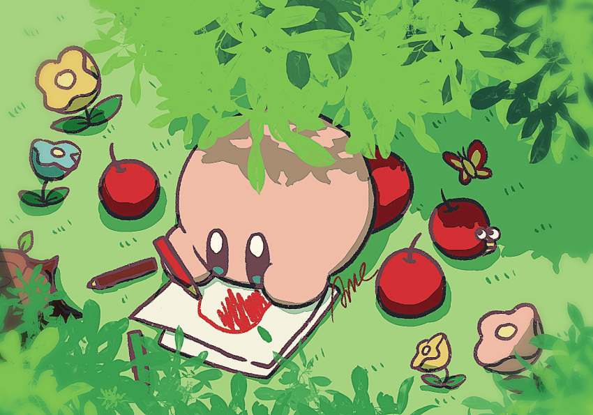 apple bug butterfly butterfly_wings capiller_(kirby) child's_drawing colored_skin commentary drawing flower food fruit grass highres holding holding_pencil insect_wings kirby kirby_(series) no_humans parasoruoishii pencil signature solid_oval_eyes symbol-only_commentary wings yellow_flower