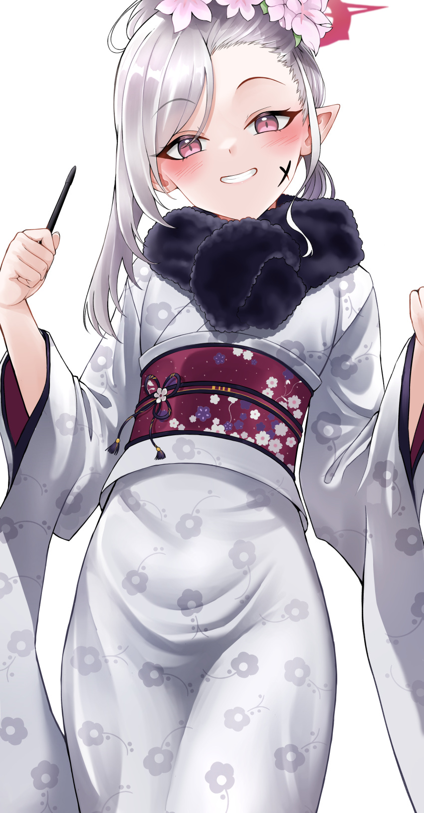 1girl absurdres blue_archive blush flower grey_hair grin hair_flower hair_ornament halo highres japanese_clothes kimono lds_(dstwins97) long_sleeves looking_at_viewer mutsuki_(blue_archive) mutsuki_(new_year)_(blue_archive) obi official_alternate_costume official_alternate_hairstyle pink_eyes pink_flower pointy_ears red_halo sash short_hair simple_background smile solo standing tree white_background white_kimono wide_sleeves