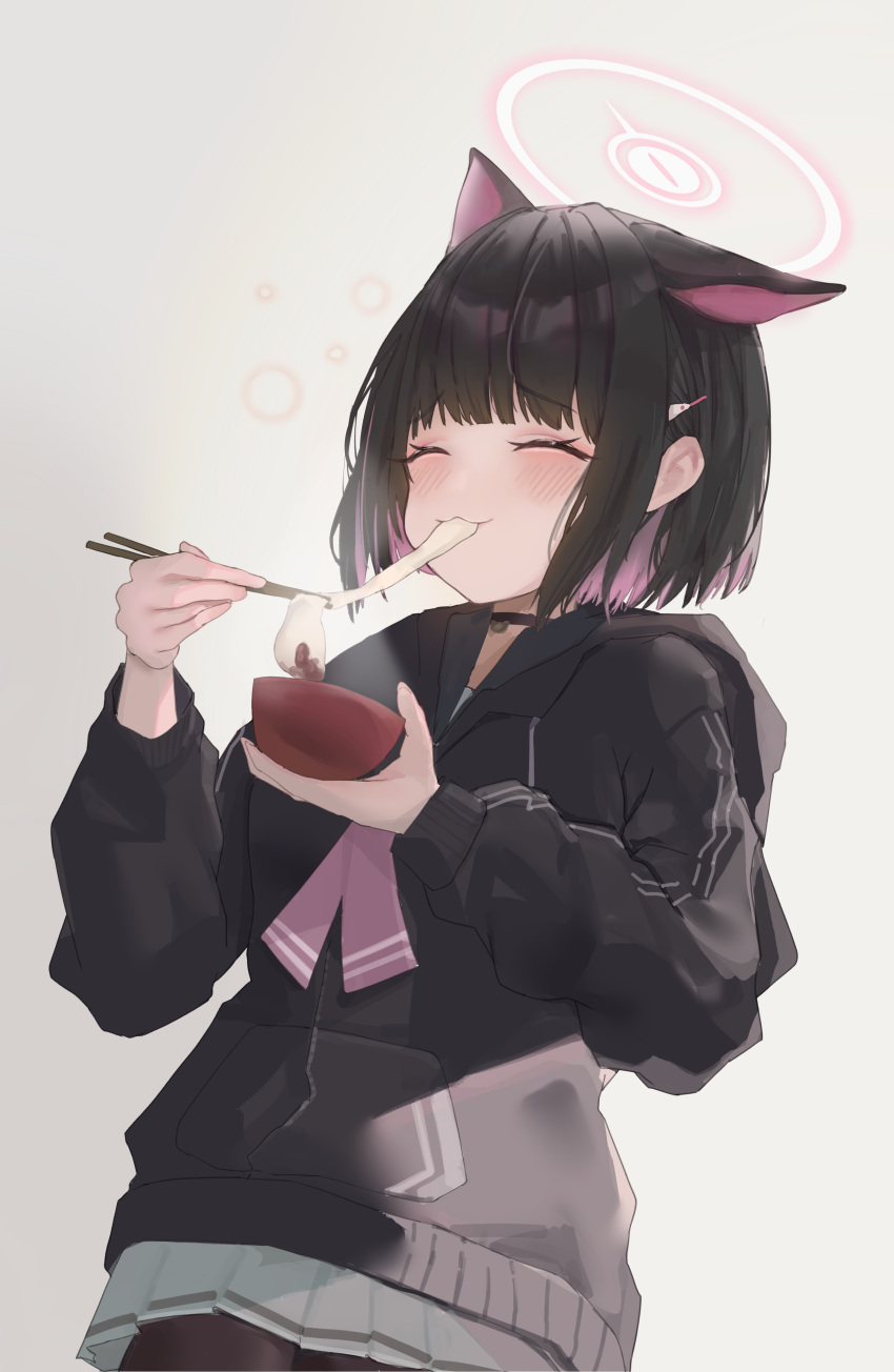 1girl absurdres black_hair black_jacket black_pantyhose blue_archive bowl chopsticks colored_inner_hair cowboy_shot eating food halo highres holding holding_bowl holding_chopsticks hood hood_down hooded_jacket jacket kazusa_(blue_archive) long_sleeves mochi multicolored_hair nekoplanetouo pantyhose pink_hair pink_halo short_hair simple_background solo white_background