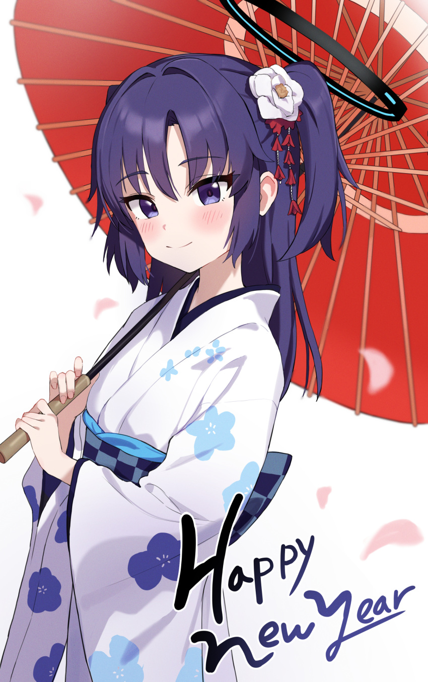 1girl absurdres blue_archive blush closed_mouth happy_new_year highres holding holding_umbrella japanese_clothes kimono loloco long_hair long_sleeves looking_at_viewer mechanical_arms obi oil-paper_umbrella purple_hair sash simple_background single_mechanical_arm smile solo two_side_up umbrella violet_eyes white_background white_kimono wide_sleeves yuuka_(blue_archive)