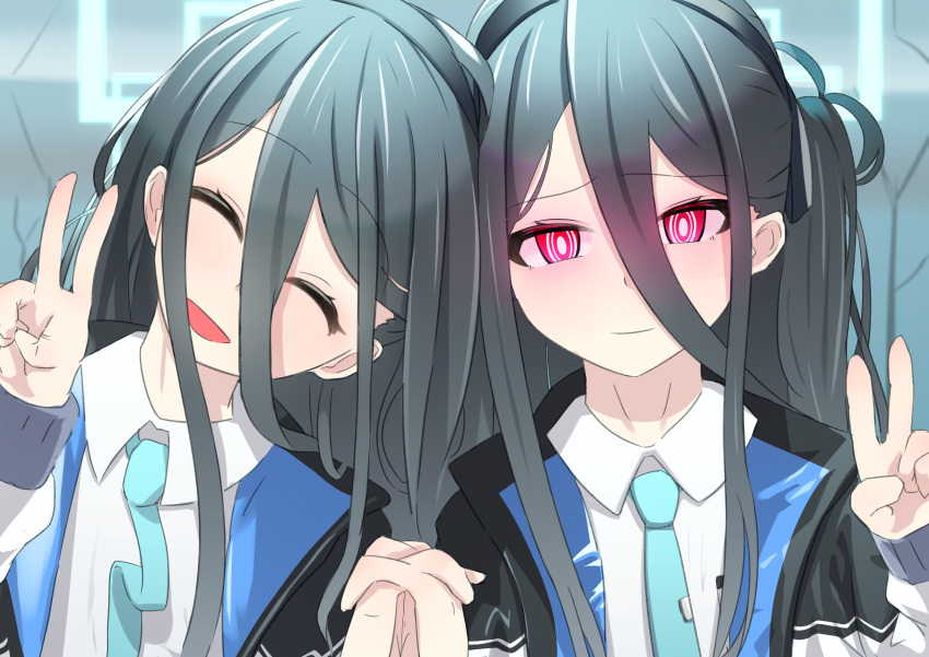 &lt;key&gt;_(blue_archive) 2girls @_@ absurdres aris_(blue_archive) black_hair blue_archive blue_eyes blush closed_eyes closed_mouth hair_between_eyes halo highres jacket long_hair looking_at_viewer multiple_girls necktie open_mouth red_eyes rivers_iidx shirt smile v very_long_hair