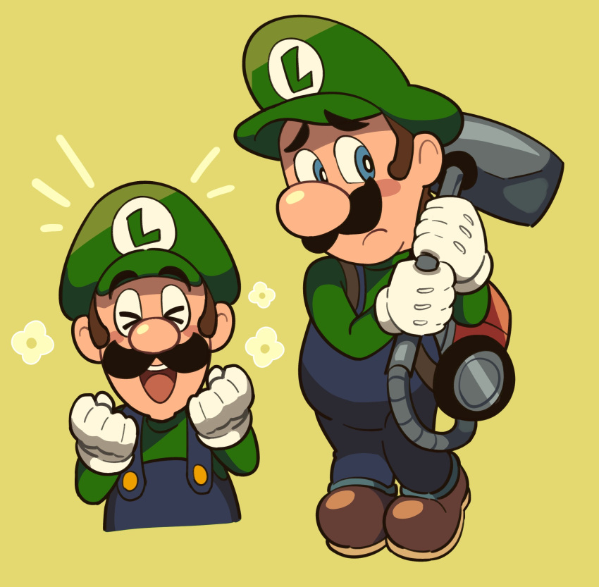 :d blue_eyes blue_overalls blush blush_stickers bright_pupils brown_footwear closed_eyes facial_hair flower frown gloves green_headwear green_shirt highres holding long_sleeves loveycloud luigi luigi's_mansion multiple_views mustache notice_lines overalls poltergust_3000 shirt shoes sideburns simple_background smile super_mario_bros. white_gloves white_pupils worried yellow_background