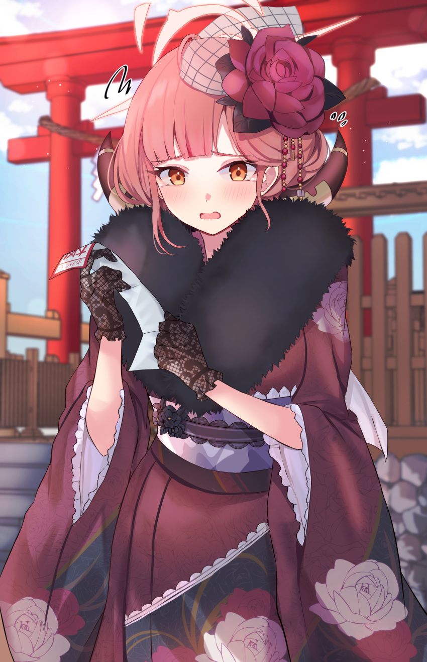 1girl aru_(blue_archive) aru_(new_year)_(blue_archive) black_gloves blue_archive brown_horns day demon_horns flower fur-trimmed_kimono fur_trim gloves hair_flower hair_ornament halo highres horns japanese_clothes kimono long_sleeves mi_taro333 obi official_alternate_costume omikuji outdoors pink_hair pink_halo red_flower red_kimono sash short_hair solo torii wide_sleeves yellow_eyes