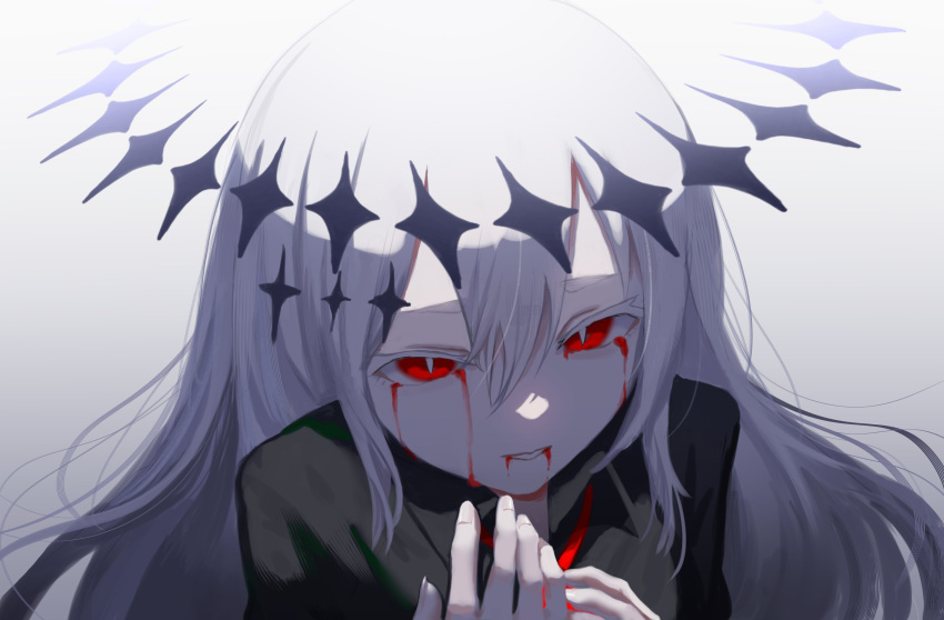 1girl absurdres ascot black_halo black_shirt blood blood_from_eyes blood_from_mouth expressionless hair_between_eyes halo highres kyano_(kyanora3141) medium_hair original own_hands_together red_ascot red_eyes shirt simple_background slit_pupils white_shirt