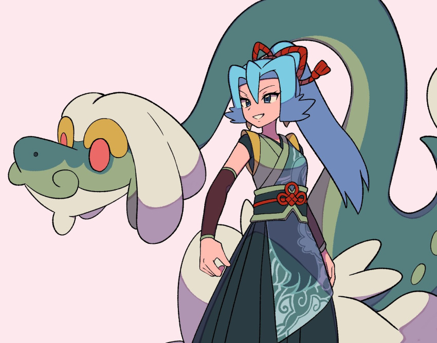 1girl blue_hair clair_(new_year's_2024)_(pokemon) clair_(pokemon) commentary_request drampa earrings eyelashes flipped_hair grey_background grin hair_between_eyes hakama hakama_skirt japanese_clothes jewelry long_hair looking_to_the_side official_alternate_costume pokemon pokemon_(creature) pokemon_masters_ex ponytail red_ribbon ribbon sash skirt smile standing teeth tyako_089