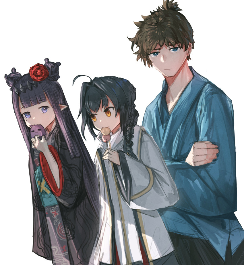 1boy 1girl 1other absurdres advarcher ahoge black_hair blue_eyes bocchan_dango brown_eyes brown_hair crossed_arms dango double_bun eating english_commentary fate/samurai_remnant fate_(series) flower food hair_bun hair_flower hair_ornament highres hololive hololive_english long_hair long_sleeves looking_ahead looking_at_viewer miyamoto_iori_(fate) mole mole_under_eye ninomae_ina'nis ninomae_ina'nis_(new_year) pointy_ears purple_hair saber_(fate/samurai_remnant) simple_background takodachi_(ninomae_ina'nis) violet_eyes virtual_youtuber wagashi white_background
