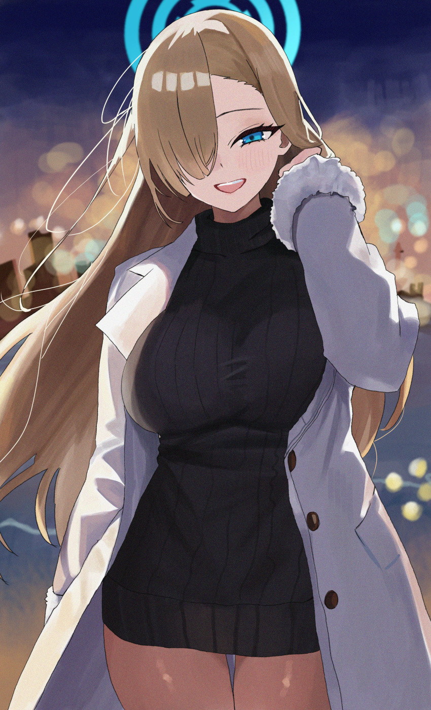 1girl absurdres asuna_(blue_archive) black_sweater blue_archive blue_eyes blue_halo blush breasts coat cowboy_shot hair_over_one_eye halo highres large_breasts light_brown_hair long_hair long_sleeves open_clothes open_coat open_mouth ribbed_sweater riel_(ataraxia2334) smile solo sweater white_coat