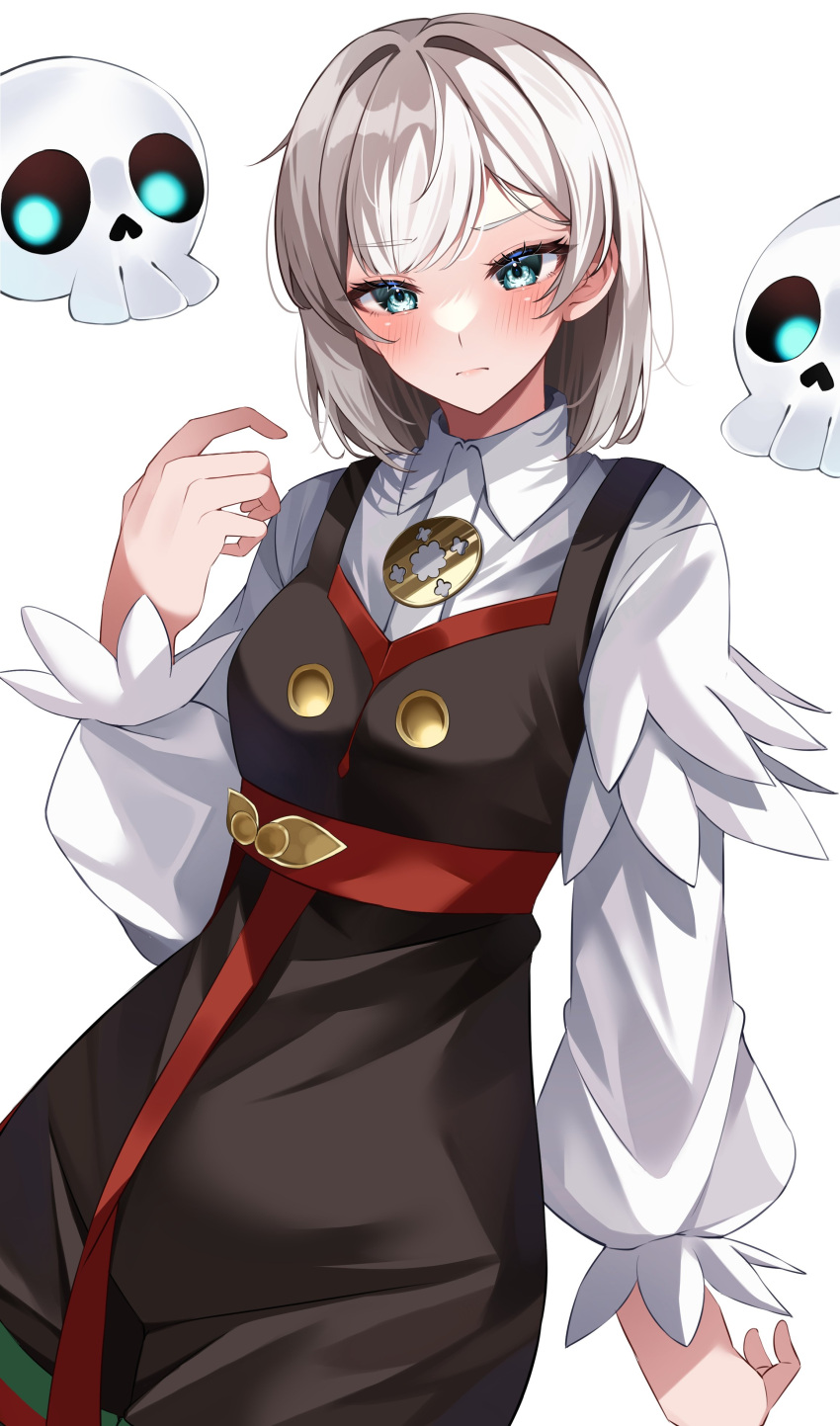 1girl absurdres akershus_fortress_(oshiro_project) black_dress blue_eyes blush bob_cut breasts closed_mouth collared_shirt dress floating_skull grey_hair highres long_sleeves looking_at_viewer moonbell oshiro_project:re puffy_long_sleeves puffy_sleeves shirt short_hair skull sleeveless sleeveless_dress solo white_background white_shirt