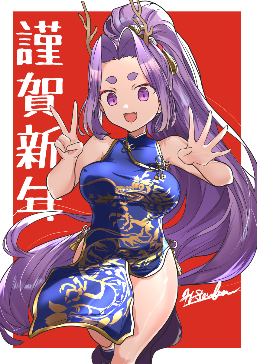 1girl absurdres blue_dress china_dress chinese_clothes dragon_horns dragon_print dress hair_ornament hair_ribbon hatsuharu_(kancolle) highres horns kantai_collection long_hair looking_at_viewer matsurika_(harusutain) new_year open_mouth ponytail purple_hair red_background ribbon short_eyebrows smile solo very_long_hair violet_eyes white_background