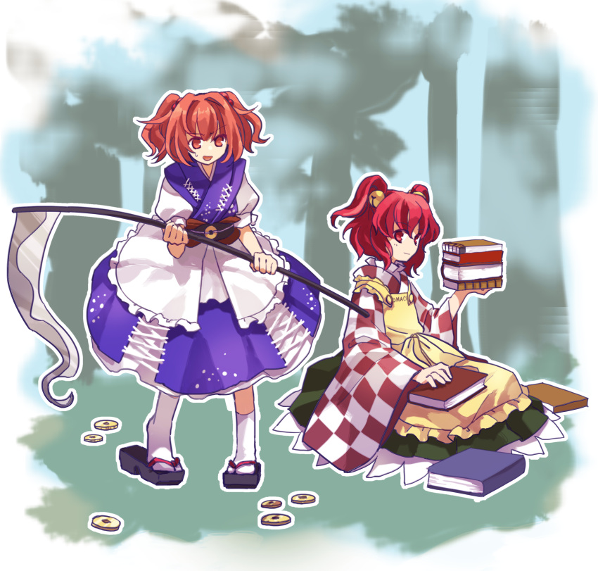 2girls absurdres apron bell blue_kimono book book_stack checkered_clothes checkered_kimono closed_mouth commentary_request cosplay flat_chest frilled_kimono frills geta green_skirt hair_bell hair_bobbles hair_ornament highres holding holding_book holding_scythe japanese_clothes kaigen_1025 kimono long_sleeves motoori_kosuzu motoori_kosuzu_(cosplay) multiple_girls onozuka_komachi onozuka_komachi_(cosplay) open_mouth orange_hair puffy_short_sleeves puffy_sleeves red_eyes redhead scythe short_sleeves sitting skirt smile sweat tabi touhou twintails waist_apron white_apron wide_sleeves yellow_kimono