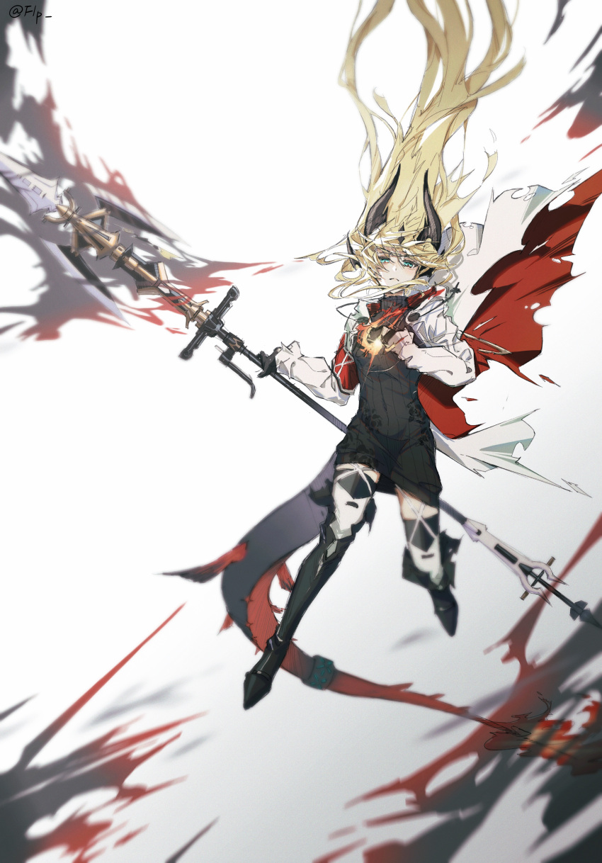 1girl absurdres aqua_eyes arknights black_horns blonde_hair boots dragon_horns dragon_tail fire floating_hair flp_30 full_body highres holding holding_polearm holding_weapon horns infection_monitor_(arknights) light_in_heart long_hair looking_at_viewer originium_arts_(arknights) polearm reed_(arknights) ribbed_sweater solo spear sweater tail thigh-highs thigh_boots weapon white_background