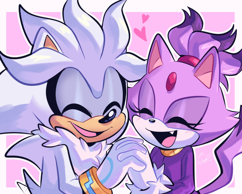 1boy 1girl animal_ears blaze_the_cat cat_ears cat_tail closed_eyes fang forehead_jewel furry furry_female furry_male gloves heart highres holding_hands jacket lou_lubally open_mouth pink_background purple_jacket silver_the_hedgehog simple_background sonic_(series) tail upper_body white_gloves