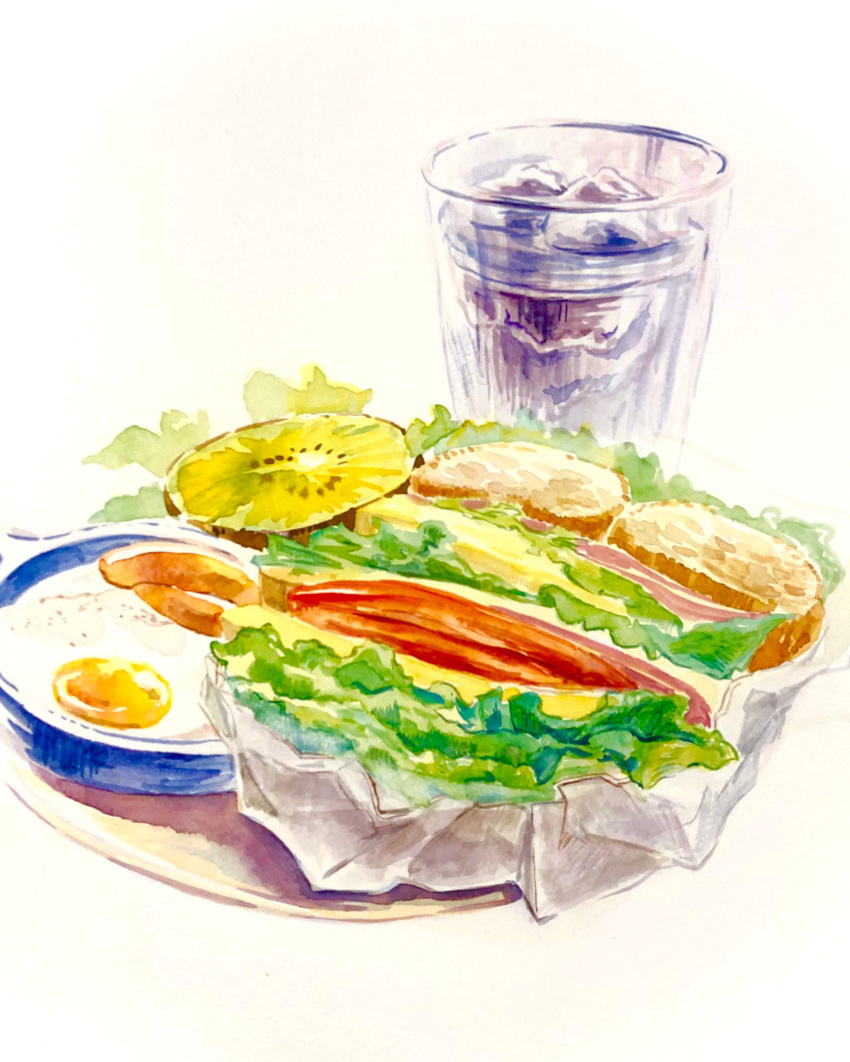 absurdres artworksmil cup drinking_glass egg_(food) food fruit highres ice ice_cube kiwi_(fruit) no_humans original sandwich still_life water
